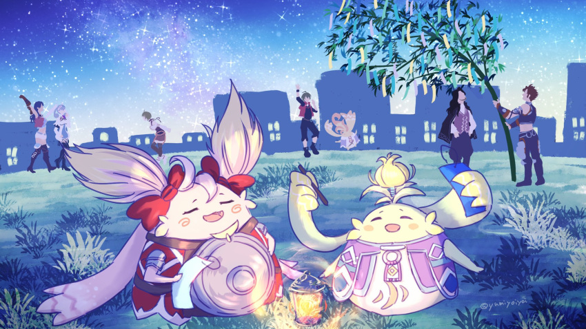 4girls 5boys :3 :d bamboo bow building carna closed_eyes dunban fang fiorung grass green_fur hair_bow highres kino_(xenoblade) lantern melia multiple_boys multiple_girls nene_(xenoblade) night night_sky nopon open_mouth outdoors pink_fur rein_(xenoblade) riki_(xenoblade) shulk sky smile star_(sky) starry_sky tanabata tanzaku xenoblade_(series) xenoblade_1 xenoblade_1:_tsunagaru_mirai yumiyoiyoi