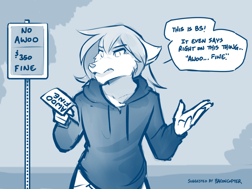 2020 ambiguous_gender annoyed anthro blue_and_white canid canine canis clothed clothing conditional_dnp dialogue english_text hi_res holding_object hoodie humor keidran mammal meme monochrome natani sign sketch solo text tom_fischbach topwear twokinds webcomic wolf