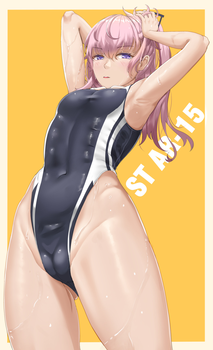 1girl abs absurdres armpits blue_swimsuit blush breasts chiyo_goya competition_swimsuit eye_contact eyebrows_visible_through_hair eyewear_on_head girls_frontline glasses hands_on_head highleg highleg_swimsuit highres long_hair looking_at_another looking_at_viewer narrow_waist navel one-piece_swimsuit pink_hair purple_eyes small_breasts solo st_ar-15_(girls_frontline) stomach swimsuit thighs white_text yellow_background