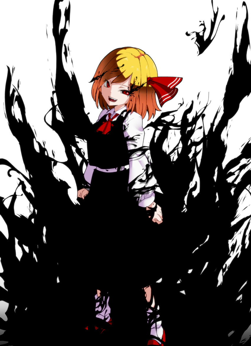 1girl ascot black_vest blonde_hair blouse bobby_socks commentary darkness full_body hair_ribbon highres kikoka_(mizuumi) long_sleeves looking_at_viewer open_mouth red_eyes red_footwear red_neckwear ribbon rumia socks solo touhou upper_teeth vest white_blouse