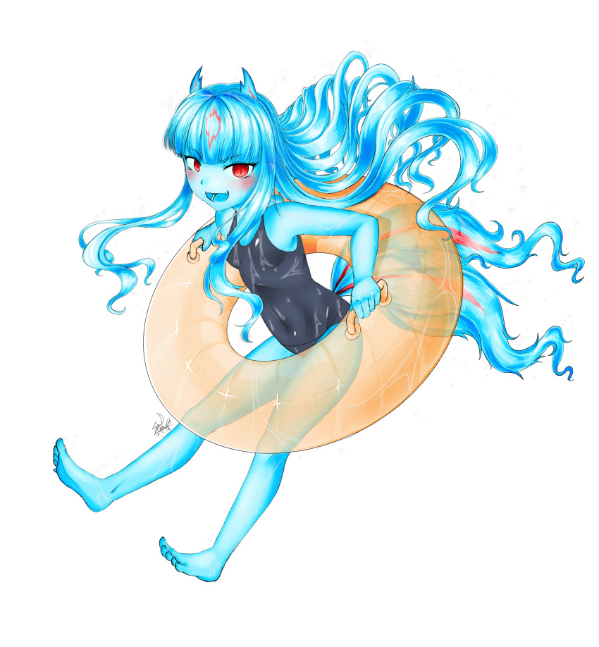2_tails 5_toes absurd_res alpha_channel barefoot blue_body blue_hair blush breasts calamity_mod clothing eyelashes fangs feet female hair hi_res horn humanoid humanoid_feet inner_tube long_hair looking_at_viewer multi_tail one-piece_swimsuit open_mouth polterghast ramg red_eyes simple_background solo swimwear terraria toes transparent_background wet