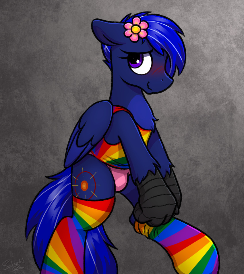 2020 absurd_res avian blush bulge clothed clothing cutie_mark digital_media_(artwork) european_mythology eyelashes fan_character fingers fur greek_mythology hasbro hi_res hippogriff legwear looking_at_viewer multicolored_clothing multicolored_legwear my_little_pony mythological_avian mythology neutrino_burst pattern_clothing pattern_legwear purple_eyes rainbow_clothing rainbow_legwear selenophile signature solo striped_clothing striped_legwear stripes