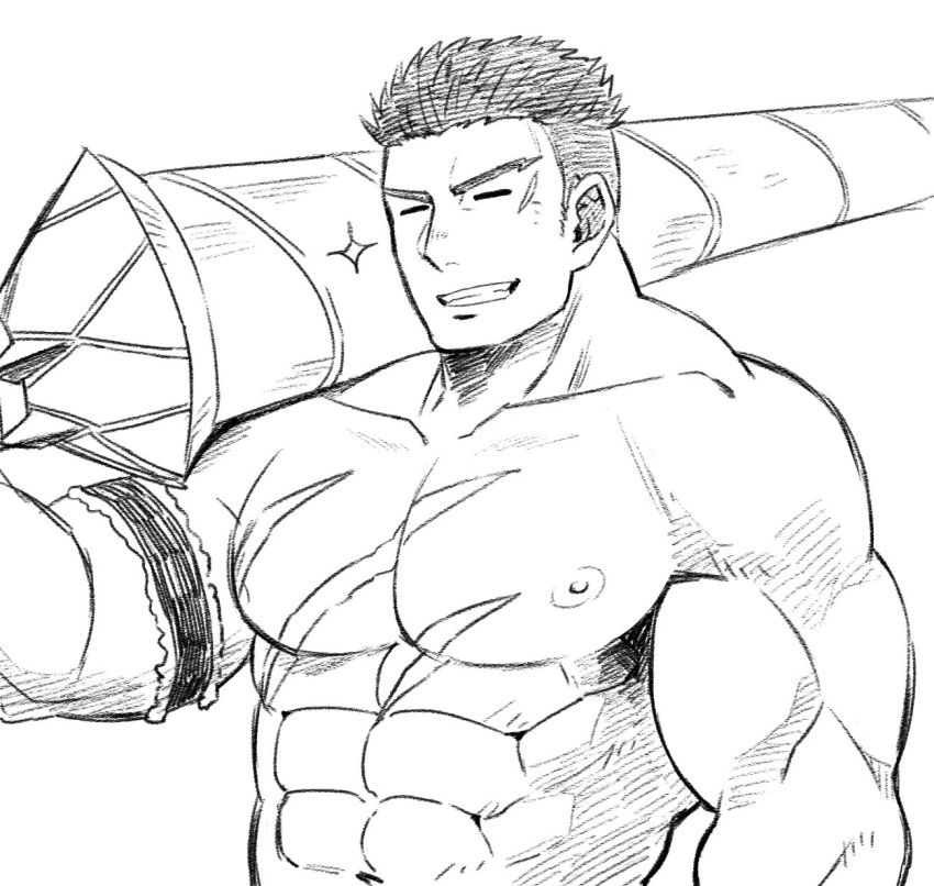 1boy abs armband bara caladbolg chest closed_eyes ezaki_papiko fate/grand_order fate_(series) fergus_mac_roich_(fate/grand_order) greyscale highres looking_at_viewer male_focus monochrome muscle navel nipples pectorals scar sketch smile solo sparkle upper_body