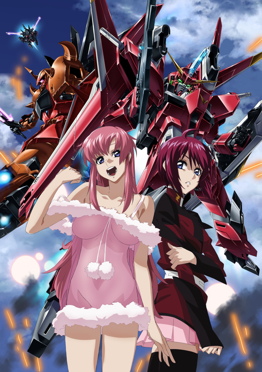 2girls absurdres ahoge babydoll blue_eyes breasts clenched_hands flying gaia_gundam glowing glowing_eyes gouf_ignited green_eyes gundam gundam_seed gundam_seed_destiny highres holding holding_shield holding_sword holding_weapon large_breasts long_hair looking_at_viewer looking_down lunamaria_hawke mecha mechanical_wings military military_uniform multiple_girls navel no_humans no_panties one-eyed open_mouth paintedmike parted_lips pink_hair pink_skirt purple_eyes red_hair saviour_gundam see-through shield shiny shiny_hair short_hair skirt smile standing sword teeth uniform weapon wings