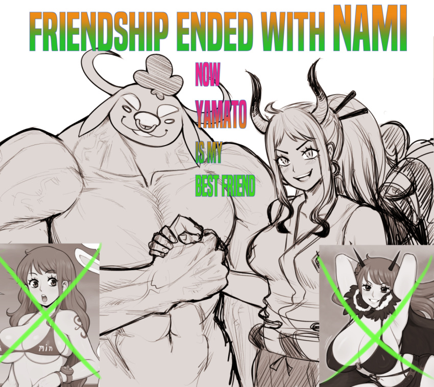1boy 2girls abs afrobull animal_ears animal_nose artist_self-insert artist_self-reference bikini chest clothed_female_nude_male collarbone commentary cow_boy cow_ears cow_horns crossed_out earrings english_commentary english_text friendship_ended_with_mudasir_(meme) furry grin high_ponytail holding_hands horns japanese_clothes jewelry long_hair looking_at_viewer meme minotaur multiple_girls muscle nami_(one_piece) nose_piercing nose_ring nude one_piece oni open_mouth parody pectorals photo_(object) piercing smile stomach swimsuit upper_body v-shaped_eyebrows x yamato_(one_piece)