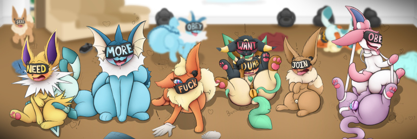 &lt;3 3:1 absurd_res allbadbadgers ambiguous_gender apocalypse assimilation blush butt butt_expansion corruption crossgender drone eevee eeveelution english_text espeon facesitting female feral flareon genitals glaceon group hi_res jolteon mind_control nintendo pawpads pok&eacute;mon pok&eacute;mon_(species) pussy spread_legs spreading story story_in_description surprise sylveon text transformation umbreon vaporeon video_games vr_headset