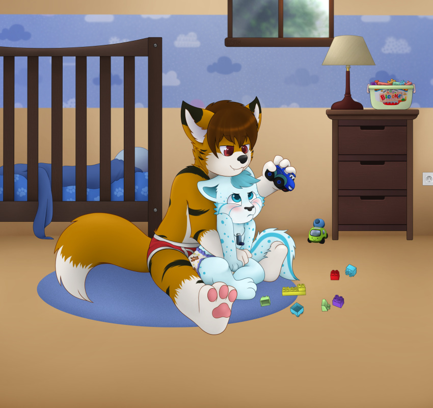 absurd_res anthro brick canid canine car cheetahfox cubs_at_play diaper duo fox hi_res kiddy kitshokat lyssie male male/male mammal playing pouty todeskiddy toy vehicle young