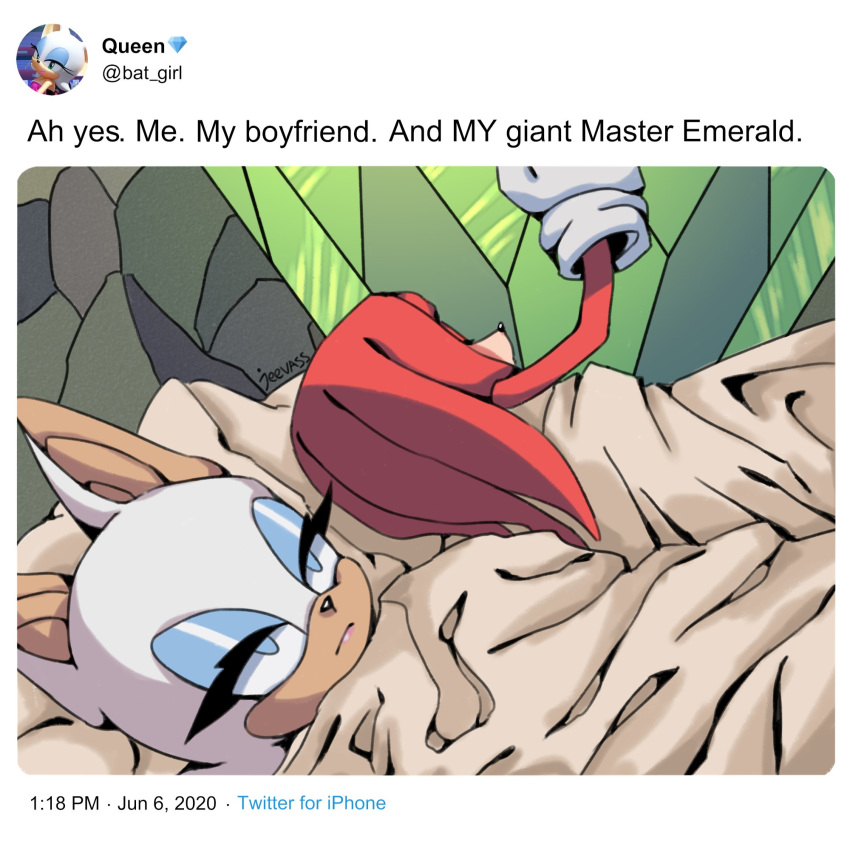 1boy 1girl 500_dollar_four_foot_tall_mareep animal_ears artist_name bat_ears closed_eyes commentary english_commentary english_text eyelashes fake_screenshot furry gloves halterneck highres kjeevass knuckles_the_echidna looking_up lying master_emerald meme object_hug parody rouge_the_bat sonic_the_hedgehog twitter unamused under_covers user_interface