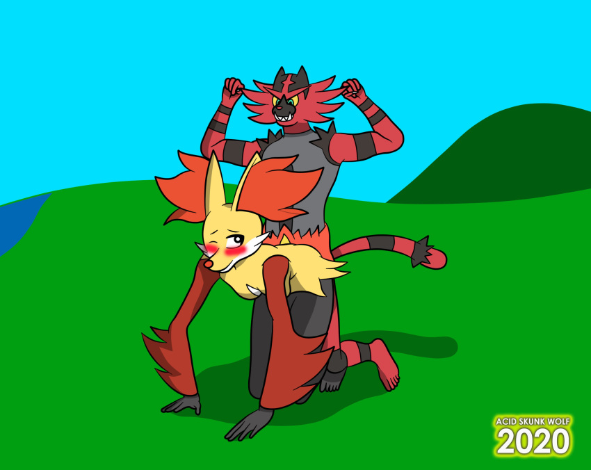 2020 acidskunkwolf all_fours anthro barefoot black_body black_fur blush breasts claws delphox female fire flexing from_behind_position front_view fur green_eyes hi_res incineroar inner_ear_fluff male male/female mammal nintendo outdoor_sex outside pok&eacute;mon pok&eacute;mon_(species) red_body red_fur sex shadow simple_background tuft video_games yellow_sclera