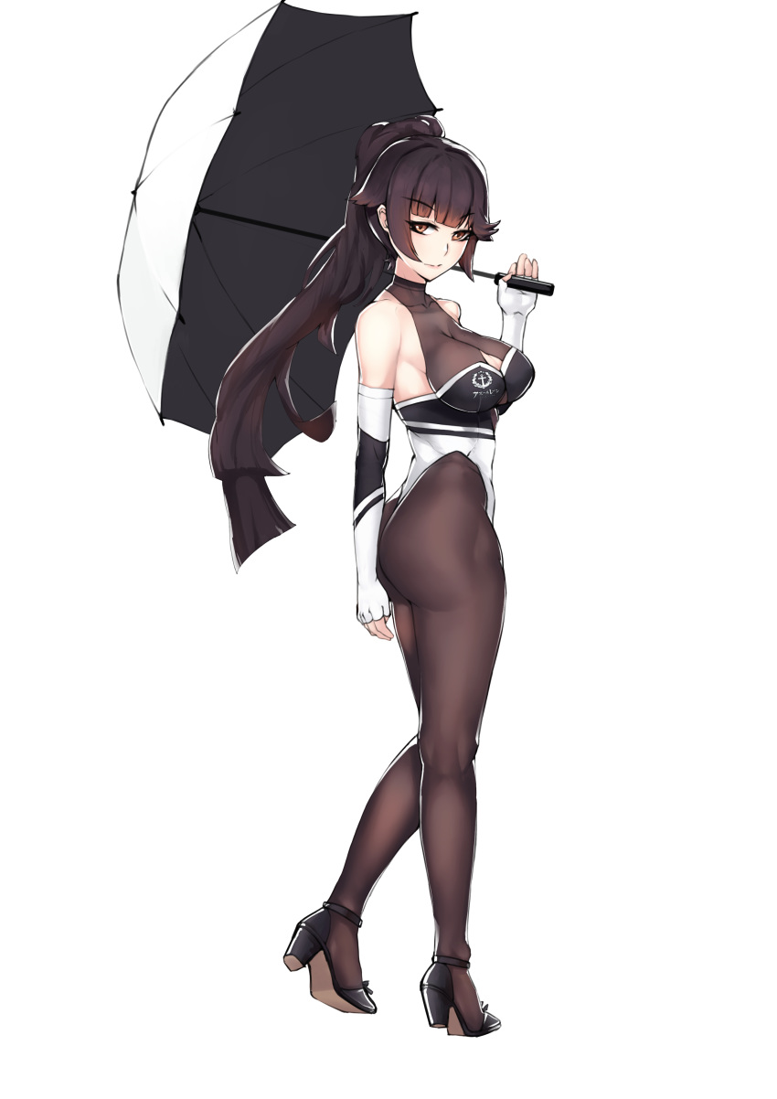 1girl absurdres ass azur_lane bare_shoulders black_footwear black_legwear bow breasts brown_hair cleavage_cutout elbow_gloves eyebrows_visible_through_hair fingerless_gloves full_body gloves hair_flaps high_heels highleg highleg_leotard highres holding holding_umbrella impossible_clothes leotard long_hair looking_at_viewer medium_breasts multicolored multicolored_clothes multicolored_leotard orange_eyes race_queen simple_background solo takao_(azur_lane) takao_(full_throttle_charmer)_(azur_lane) tierla two-tone_leotard umbrella unitard white_background white_bow