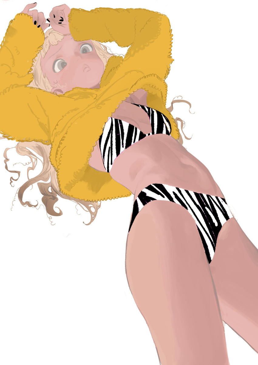1girl abs absurdres animal_print armpit_peek arms_up bare_thighs black_nails black_panties blonde_hair breasts character_request cleavage clothes_lift copyright_request cowboy_shot curly_hair dutch_angle grey_eyes grey_pupils highres horikwawataru lips long_hair long_sleeves looking_down multicolored multicolored_clothes multicolored_panties navel nose orange_sweater panties print_panties puckered_lips raised_eyebrow ringlets skindentation sleeves_past_wrists solo sweater sweater_lift symbol_commentary tan thighs twisted_torso two-tone_panties underwear wavy_hair white_panties zebra_print