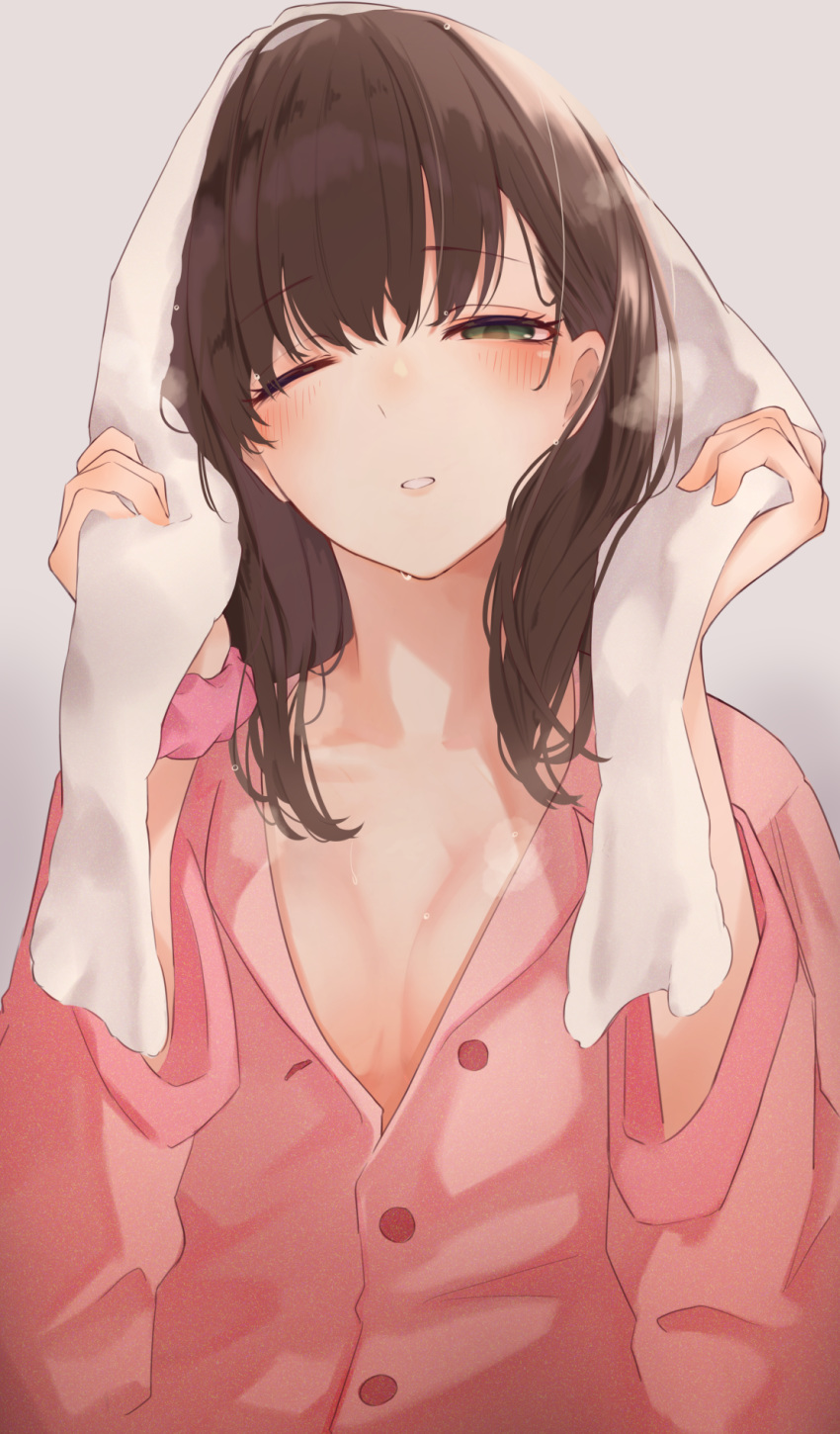 1girl after_bathing bangs blush breasts brown_hair buttons collarbone commentary_request drying drying_hair enushi eyebrows_visible_through_hair green_eyes grey_background half-closed_eye hands_up highres idolmaster idolmaster_cinderella_girls long_hair long_sleeves looking_at_viewer medium_breasts no_bra one_eye_closed pajamas parted_lips partially_unbuttoned pink_pajamas pink_scrunchie sakuma_mayu scrunchie simple_background solo steam towel towel_on_head upper_body water_drop wet wet_hair white_towel wrist_scrunchie