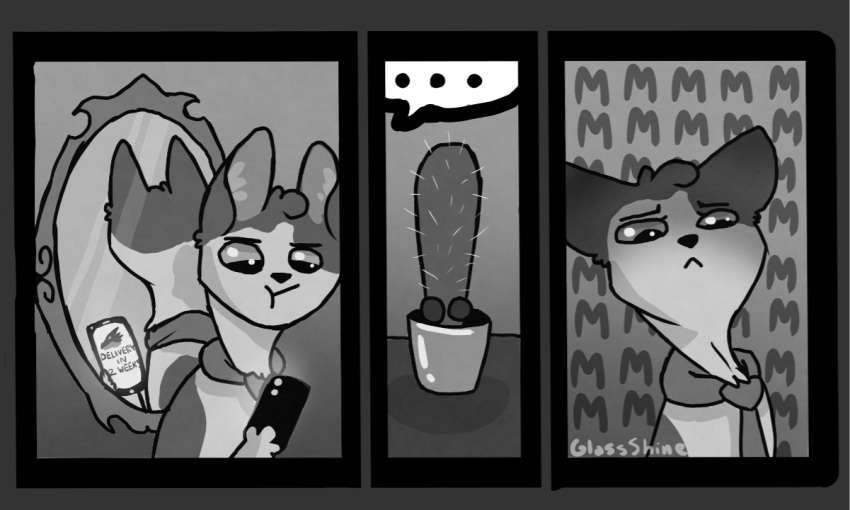 ambiguous_gender bad_dragon cactus cellphone comic dialogue digital_media_(artwork) felid feline glassshine humor mammal monochrome phone signature solo thought_bubble