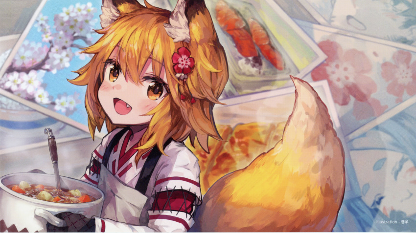 1girl :d absurdres animal_ear_fluff animal_ears apron bangs blonde_hair blush brown_apron brown_hair end_card eyebrows_visible_through_hair facial_mark fang flower fox_ears fox_girl fox_tail hair_between_eyes hair_flower hair_ornament highres holding japanese_clothes kimono long_hair long_sleeves looking_at_viewer miko nakano_(sewayaki_kitsune_no_senko-san) official_art open_mouth oven_mitts photo_(object) red_flower ribbon_trim roll_okashi senko_(sewayaki_kitsune_no_senko-san) sewayaki_kitsune_no_senko-san shiro_(sewayaki_kitsune_no_senko-san) short_eyebrows smile solo stew tail tail_raised thick_eyebrows white_flower white_kimono