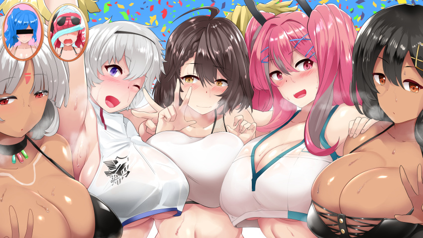 6+girls :d ;d ahoge armpits arms_up azur_lane baltimore_(azur_lane) baltimore_(black_ace)_(azur_lane) bangs bare_shoulders bikini bikini_top black_bra black_choker black_hair black_hairband black_ribbon blue_background blue_hair blush body_markings bra braid breast_press breast_squeeze breasts bremerton_(azur_lane) bremerton_(scorching-hot_training)_(azur_lane) brown_eyes brown_hair censored cheerleader choker cleavage collarbone commentary_request confetti crop_top crop_top_overhang dark_skin eagle_union_(emblem) eyebrows_visible_through_hair eyewear_on_head facial_mark forehead_mark french_braid grey_hair hair_between_eyes hair_intakes hair_ornament hair_ribbon hairband hairclip hands_on_another's_shoulders hands_up highres holding_pom_poms honolulu_(azur_lane) honolulu_(summer_accident?!)_(azur_lane) hose identity_censor jewelry large_breasts long_hair looking_at_viewer massachusetts_(azur_lane) midriff mizuyan multicolored_hair multiple_girls native_american navel no_mole not_present one_eye_closed open_mouth parted_hair pink_eyes pink_hair pom_poms purple_eyes red_eyes red_hair reno_(azur_lane) reno_(biggest_little_cheerleader)_(azur_lane) ribbon see-through sheer_clothes shirt short_hair side-by-side side_ponytail sidelocks silver_dress silver_hair sleeveless sleeveless_shirt smile south_dakota_(azur_lane) sports_bra sportswear st._louis_(azur_lane) st._louis_(luxurious_wheels)_(azur_lane) standing steam streaked_hair sunglasses sweat swimsuit symmetrical_docking tennis_uniform twintails two-tone_shirt underboob underwear upper_body v white_sports_bra x_hair_ornament yellow_eyes
