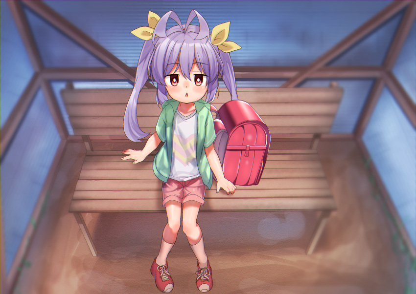 1girl angie_(meganekko-geki-love-1008) antenna_hair backpack backpack_removed bag bench bus_stop child from_above full_body green_jacket highres hood jacket kneehighs long_hair looking_at_viewer looking_up miyauchi_renge non_non_biyori open_mouth outdoors pink_shorts pov print_shirt purple_hair randoseru red_eyes red_footwear ribbon shirt shoes short_shorts short_sleeves shorts sitting solo student twintails white_legwear white_shirt