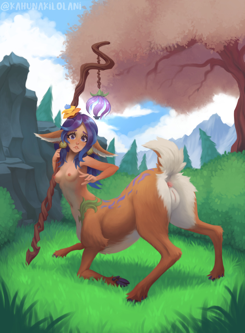 absurd_res anus ass_up bent_over breasts butt cervid cervid_taur female genitals hair hi_res kahunakilolani league_of_legends lillia_(lol) mammal mammal_taur outside painting_(artwork) presenting presenting_anus presenting_hindquarters presenting_pussy purple_hair pussy riot_games small_breasts solo staff taur traditional_media_(artwork) video_games worried_look