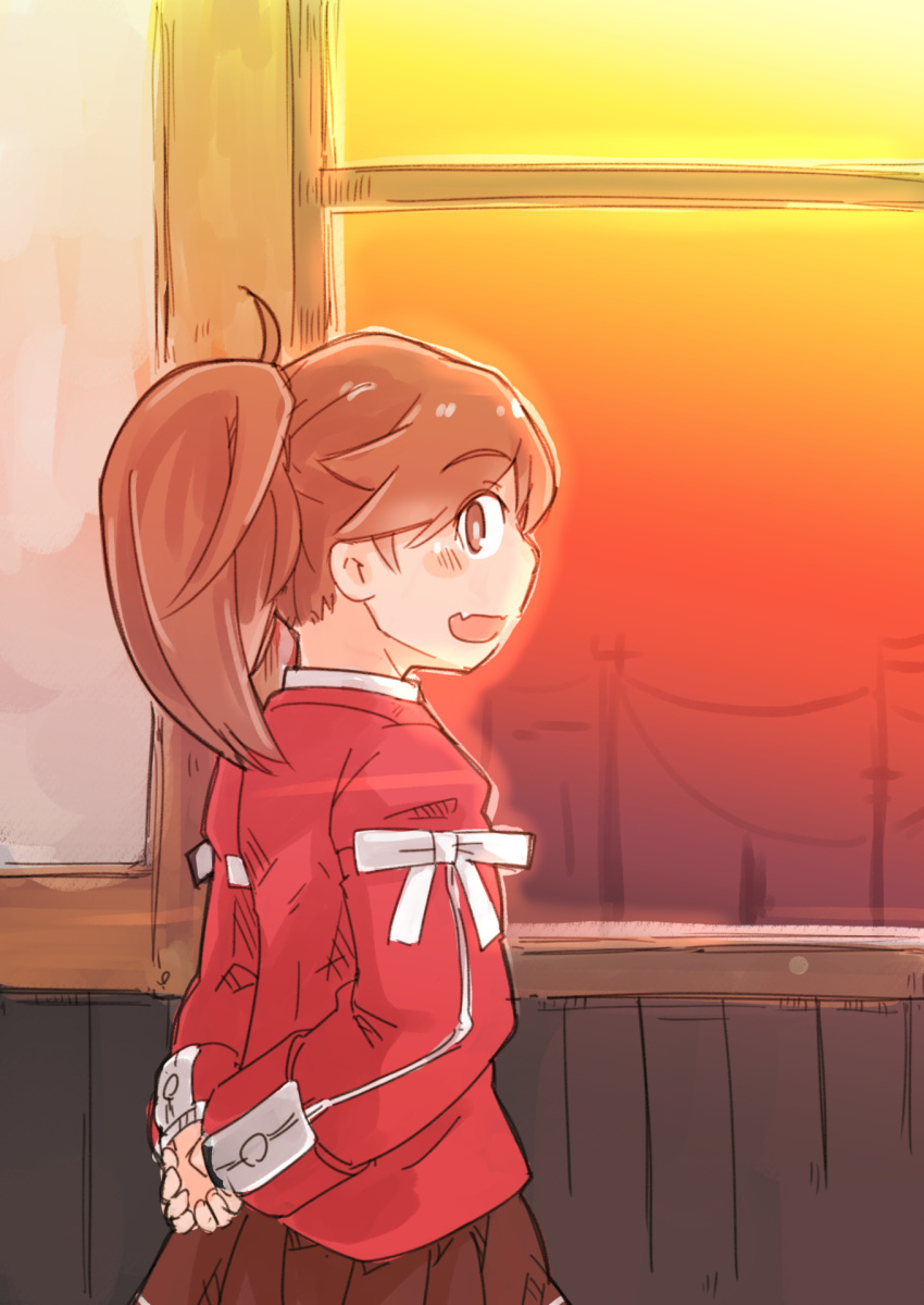 1girl alternate_hairstyle arms_behind_back blush_stickers brown_hair cowboy_shot enjaku_izuku fang highres kantai_collection ponytail ryuujou_(kantai_collection) sketch smile solo sunset window