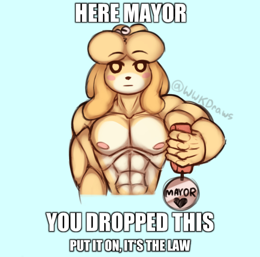 ambiguous_gender animal_crossing areola blonde_hair blush blush_stickers canid canine canis collar collar_tag conditional_dnp dialogue digital_media_(artwork) domestic_dog english_text female fur hair image_macro impact_(font) isabelle_(animal_crossing) looking_at_viewer mammal meme muscular nintendo simple_background text video_games wizardlywalrusking yellow_body