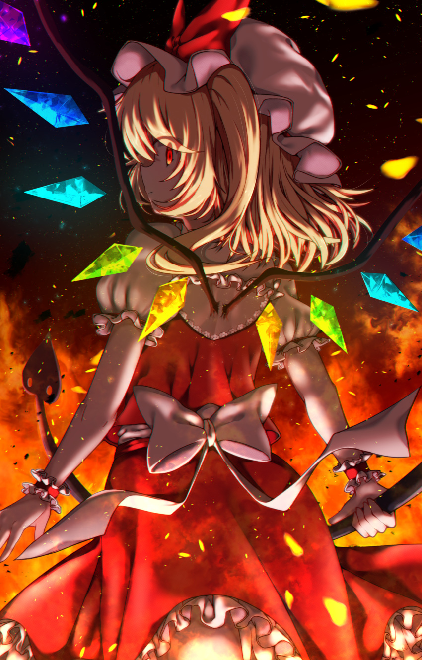 1girl back_cutout black_background blonde_hair bow burning closed_mouth commentary_request cowboy_shot crazy crystal fire flandre_scarlet frilled_cuffs frilled_shirt_collar frilled_sleeves frills from_behind glowing glowing_eyes hat hat_bow highres holding holding_weapon lace_trim laevatein looking_at_viewer looking_back medium_hair mob_cap one_side_up partial_commentary profile puffy_short_sleeves puffy_sleeves rankasei red_bow red_eyes red_skirt red_vest sash shards shirt short_sleeves skirt solo sparks touhou vest weapon white_bow white_sash white_shirt wide-eyed wings wrist_cuffs