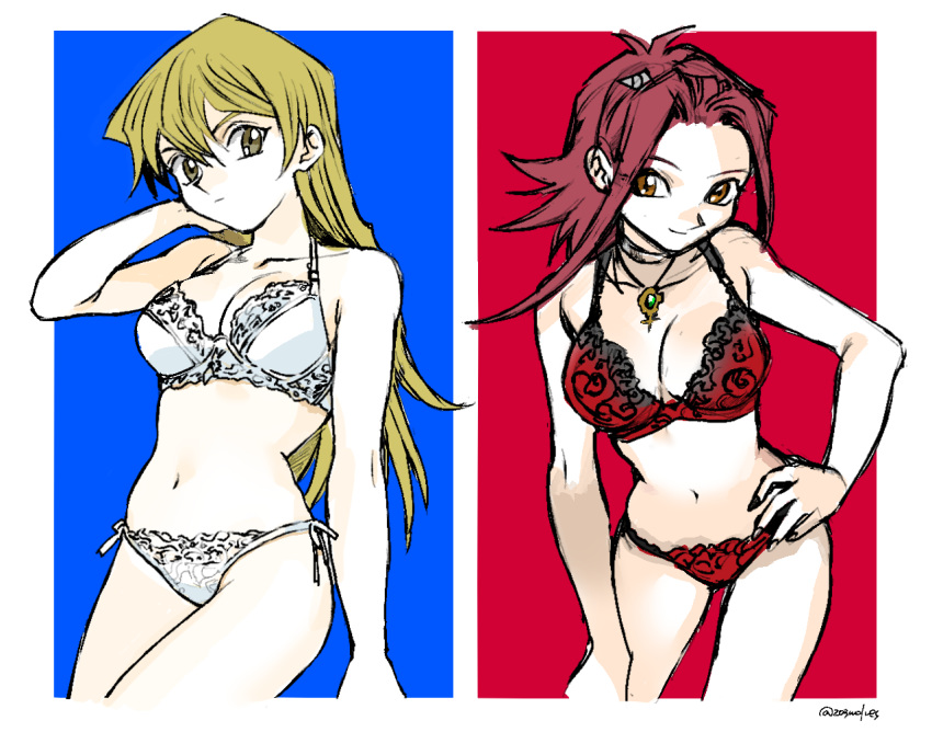 203wolves 2girls bangs blonde_hair blue_background bra breasts brown_eyes cleavage closed_mouth collarbone graphite_(medium) hair_between_eyes hair_intakes hair_ornament hairpin hand_in_hair hand_on_hip izayoi_aki jewelry lace lace-trimmed_bra lace-trimmed_panties leaning_forward lingerie long_hair looking_at_viewer medium_breasts multiple_girls navel necklace panties red_background red_bra red_hair red_panties short_hair_with_long_locks side-tie_panties smile straight_hair tenjouin_asuka traditional_media twitter_username underwear underwear_only very_long_hair white_background white_bra white_panties yuu-gi-ou yuu-gi-ou_5d's yuu-gi-ou_gx