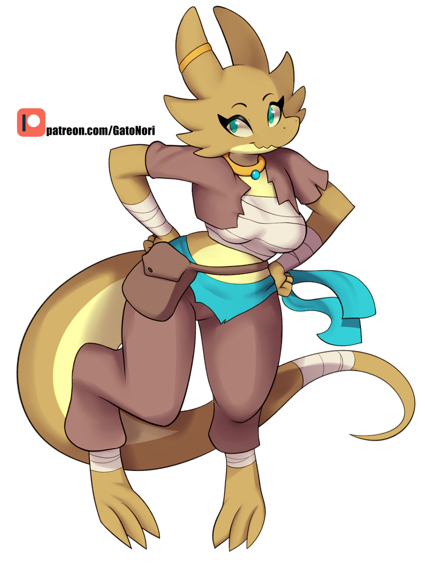 absurd_res anthro arm_wraps bottomwear breasts chest_wraps clothed clothing female hands_on_hips hi_res jewelry kobold leg_wraps non-mammal_breasts norithecat pose reptile scalie solo tail_wraps wraps wrist_wraps