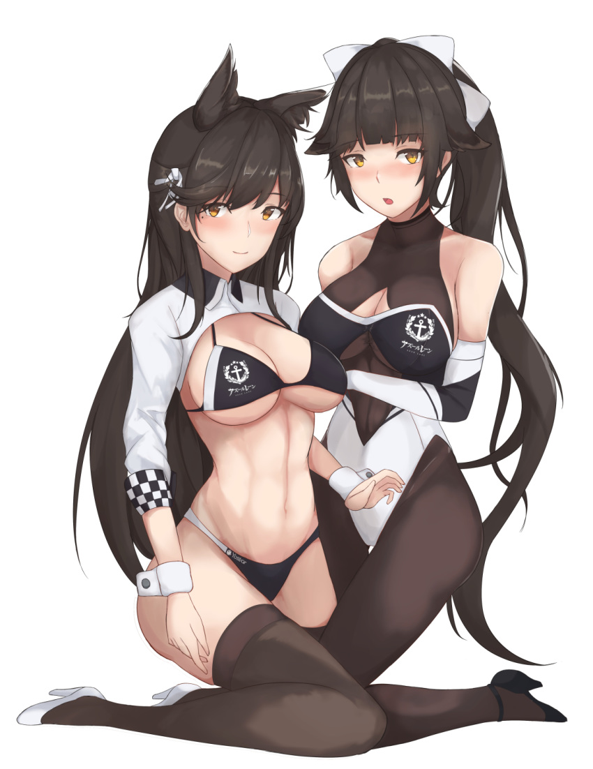 2girls animal_ears atago_(azur_lane) atago_(stunning_speedster)_(azur_lane) azur_lane bikini black_hair black_legwear bow breasts brown_eyes brown_legwear chinese_commentary commentary_request elbow_gloves extra_ears feet_out_of_frame full_body gloves hair_bow high_heels highleg highleg_bikini highleg_swimsuit highres impossible_clothes kneeling large_breasts leotard logo looking_at_viewer mole mole_under_eye multicolored_leotard multiple_girls pantyhose ponytail race_queen shrug_(clothing) sitting swimsuit takao_(azur_lane) takao_(full_throttle_charmer)_(azur_lane) thighhighs two-tone_bikini unitard wariza white_bow white_footwear wolf_ears wrist_cuffs yusha_(m-gata)