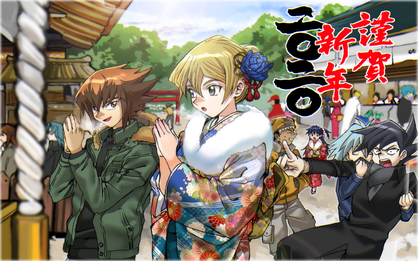 203wolves 4girls 6+boys :d bangs black_coat black_hair blonde_hair blue_flower blue_hair blurry blurry_background blurry_foreground brown_eyes closed_eyes coat dark_skin day eye_contact floral_print flower fudou_yuusei fujiwara_yuusuke fur-trimmed_coat fur-trimmed_kimono fur_trim furisode green_coat grey_scarf grin hair_between_eyes hair_flower hair_ornament hand_in_pocket hands_clasped highres hood hood_down hooded_coat index_finger_raised izayoi_aki jack_atlas jacket japanese_clothes jim_crocodile_cook johan_andersen kimono long_hair looking_at_another lua luca_(yuu-gi-ou) manjoume_jun marufuji_ryou marufuji_shou multicolored_hair multiple_boys multiple_girls open_clothes open_coat open_mouth outdoors outstretched_arm own_hands_together print_kimono profile red_kimono saotome_rei scarf shiny shiny_hair side_ponytail smile spiked_hair tenjouin_asuka tied_hair two-tone_hair yellow_jacket yuu-gi-ou yuu-gi-ou_5d's yuu-gi-ou_gx yuuki_juudai