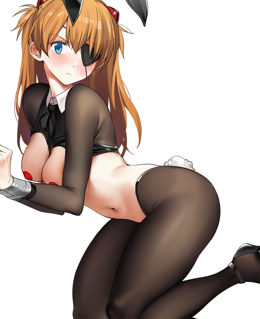 1girl animal_ears bangs black_bodysuit black_footwear blue_eyes blush bodysuit bound bound_wrists breasts bunny_ears bunny_girl bunny_tail duct_tape eyebrows_visible_through_hair eyepatch fake_animal_ears fake_tail hair_ornament heart_pasties high_heels highres liu_chi_tiantang_fr long_hair looking_at_viewer medium_breasts meme_attire navel neon_genesis_evangelion orange_hair pasties rebuild_of_evangelion revealing_clothes reverse_bunnysuit reverse_outfit shikinami_asuka_langley shoes shrug_(clothing) simple_background solo souryuu_asuka_langley tail two_side_up white_background