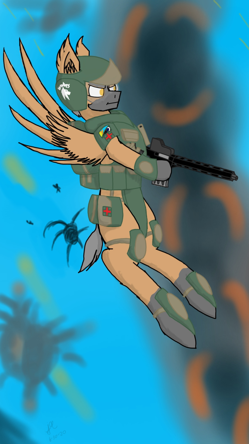 9:16 equid equine explosion friend_ship_is_magic gun hasbro hi_res male mammal medic military my_little_pony pegasus ranged_weapon rifle sky smoke solo spread_wings weapon weapon_holster wings wolvesguardian