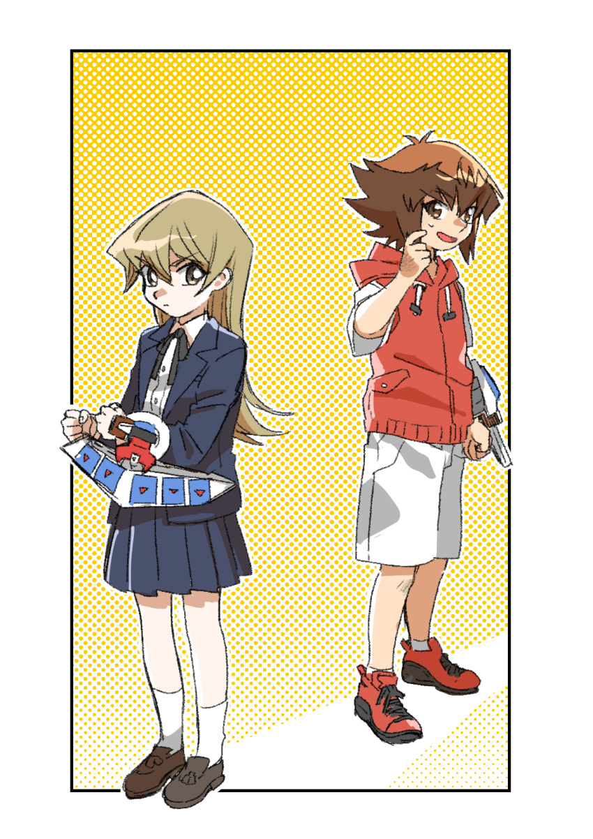 1boy 1girl 203wolves bangs black_ribbon blazer blue_jacket blue_skirt brown_eyes brown_footwear brown_hair child collared_shirt dress_shirt duel_disk full_body graphite_(medium) hair_between_eyes highres hood hood_down hooded_jacket jacket light_brown_hair long_hair long_sleeves miniskirt multicolored_hair neck_ribbon open_blazer open_clothes open_jacket pleated_skirt red_footwear red_jacket ribbon shiny shiny_hair shirt shorts skirt sleeveless sleeveless_jacket socks standing straight_hair sweatdrop tenjouin_asuka traditional_media two-tone_hair v-shaped_eyebrows very_long_hair white_background white_legwear white_shirt white_shorts wing_collar yellow_background younger yuu-gi-ou yuu-gi-ou_gx yuuki_juudai