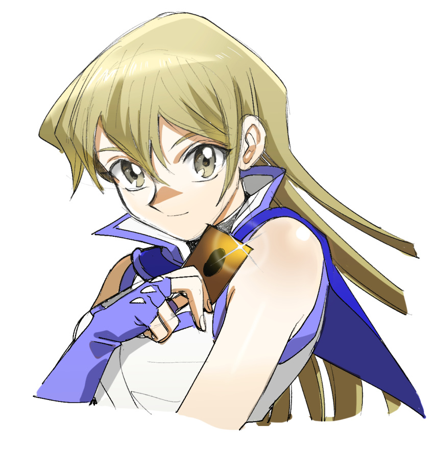 1girl 203wolves bangs blonde_hair blue_gloves blue_sailor_collar brown_eyes card closed_mouth cropped_torso elbow_gloves fingerless_gloves floating_hair gloves graphite_(medium) hair_between_eyes holding holding_card jacket long_hair looking_at_viewer sailor_collar shiny shiny_hair simple_background sketch sleeveless sleeveless_jacket smile solo sparkle tenjouin_asuka traditional_media upper_body white_background white_jacket yuu-gi-ou yuu-gi-ou_gx