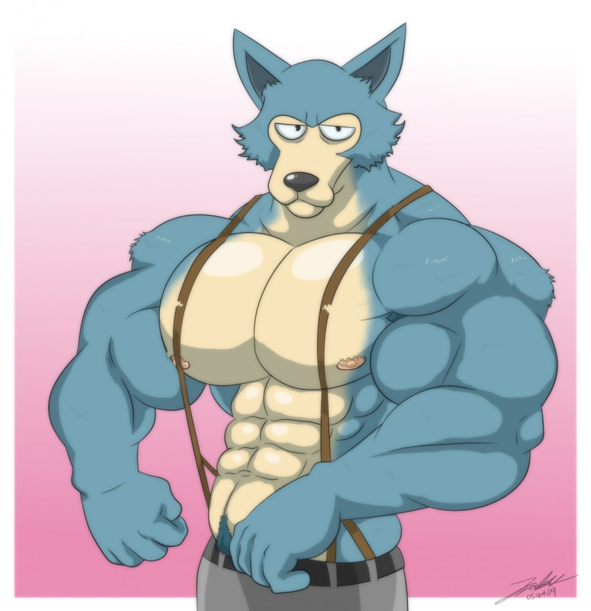 anthro beastars biceps big_muscles canid canine canis clothed clothing hi_res jabuhusky legoshi_(beastars) male mammal muscular muscular_anthro muscular_male nipples pecs solo suspenders swol wolf