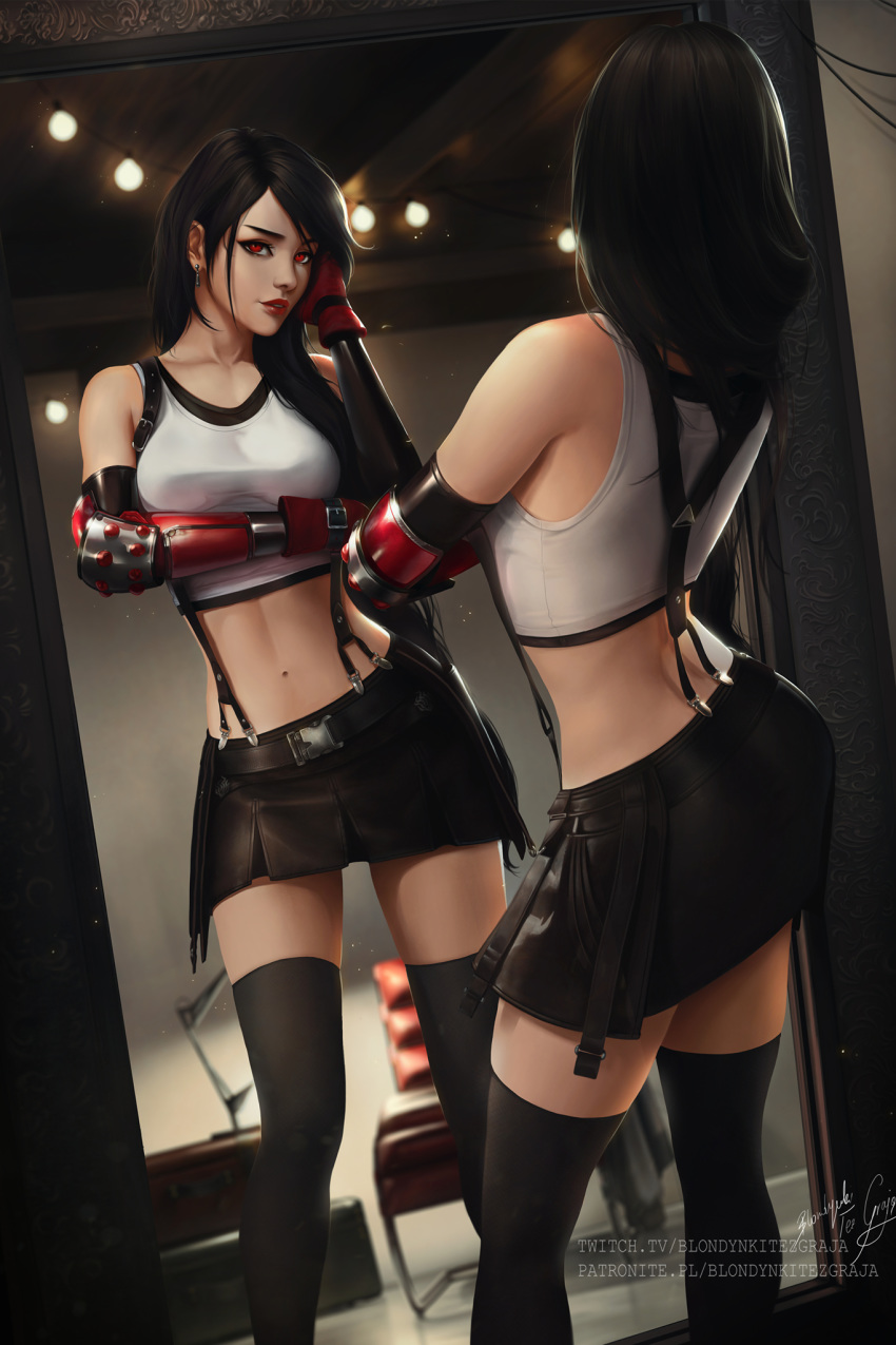 1girl arm_under_breasts bare_shoulders belt black_belt black_gloves black_hair black_legwear black_skirt blondynkitezgraja breasts contrapposto earrings elbow_gloves elbow_pads final_fantasy final_fantasy_vii final_fantasy_vii_remake fingerless_gloves gloves hair_over_shoulder highres indoors jewelry large_breasts lights lips long_hair looking_at_mirror looking_at_viewer midriff miniskirt mirror navel parted_lips pleated_skirt red_eyes red_gloves red_lips reflection signature skirt solo suspender_skirt suspenders tank_top thighhighs tifa_lockhart very_long_hair white_tank_top zettai_ryouiki