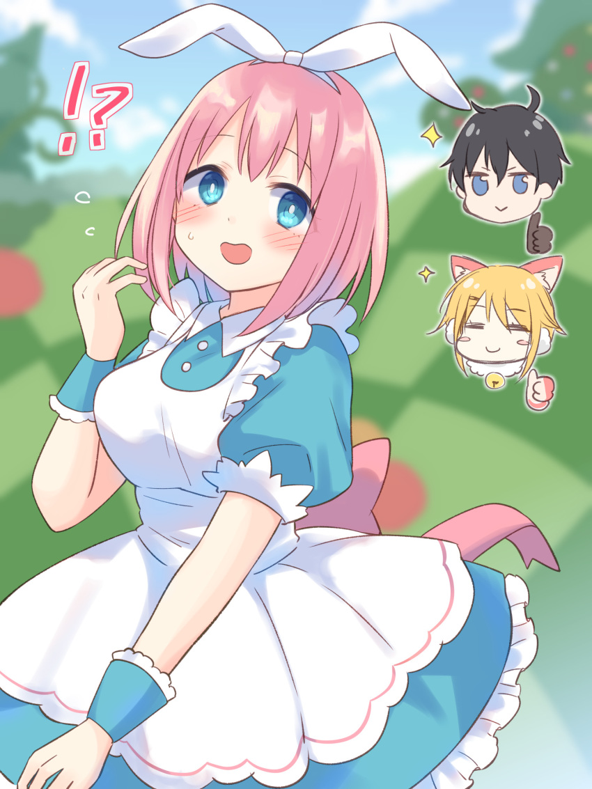 !? 1boy 2girls :&gt; =_= alice_(wonderland) alice_(wonderland)_(cosplay) alice_in_wonderland animal_ear_fluff animal_ears apron bangs black_hair blonde_hair blue_dress blue_eyes blurry blurry_background breasts brown_gloves bunny_ears character_request chibi chibi_inset closed_eyes closed_mouth commentary_request cosplay day depth_of_field dress eyebrows_visible_through_hair fake_animal_ears flying_sweatdrops frilled_apron frilled_dress frills gloves gucchiann hair_between_eyes hand_up highres maid_apron medium_breasts multiple_girls open_mouth outdoors pink_hair princess_connect! princess_connect!_re:dive puffy_short_sleeves puffy_sleeves short_sleeves smile sparkle thumbs_up white_apron wrist_cuffs yui_(princess_connect!) yuuki_(princess_connect!)