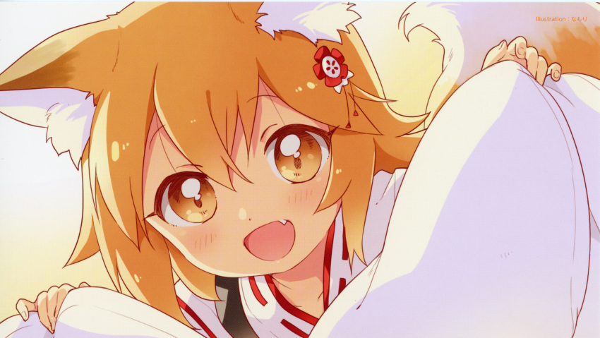 1girl absurdres animal_ear_fluff animal_ears artist_name blonde_hair blush close-up end_card eyebrows_visible_through_hair fang flower fox_ears fox_girl fox_tail hair_between_eyes hair_flower hair_ornament highres japanese_clothes looking_at_viewer miko namori official_art open_mouth ribbon_trim senko_(sewayaki_kitsune_no_senko-san) sewayaki_kitsune_no_senko-san smile solo tail yellow_eyes