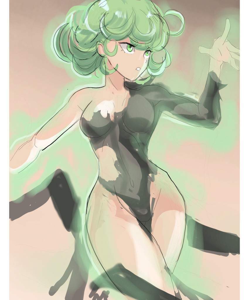 1girl aura battle_damage black_dress breasts curly_hair determined dress eyebrows_visible_through_hair green_eyes green_hair highres medium_breasts one-punch_man powering_up rakeemgarcia sketch spoilers tatsumaki thighs torn_clothes torn_dress