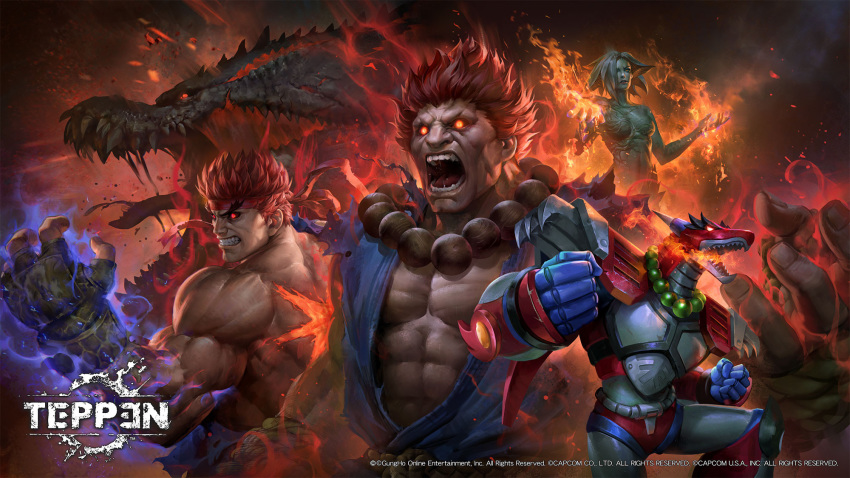 1girl 3boys alexia_ashford aura capcom company_connection copyright copyright_name crossover dark_background deviljho dougi evil_ryuu fangs fire glowing glowing_eyes glowing_hand gouki headband highres jeremy_chong magmard_dragoon monster monster_hunter multiple_boys official_art open_mouth red_eyes red_hair resident_evil resident_evil_code:_veronica rockman rockman_x rockman_x4 scar shirtless street_fighter teppen thick_eyebrows