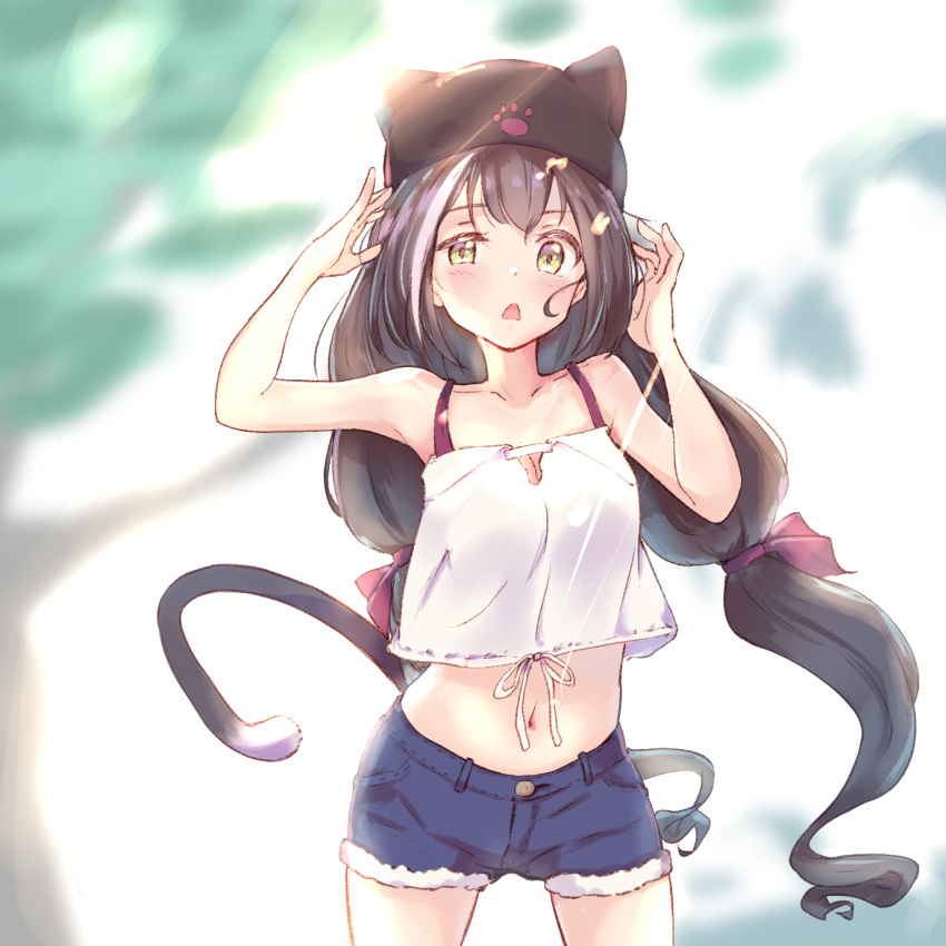 1girl animal_hat bare_shoulders black_hair breasts cat_hat cat_tail chocomoch cleavage crop_top fur_trim green_eyes hat highres karyl_(princess_connect!) low_twintails midriff multicolored_hair navel open_mouth paw_print princess_connect! princess_connect!_re:dive short_shorts shorts small_breasts streaked_hair tail tree triangle_mouth twintails