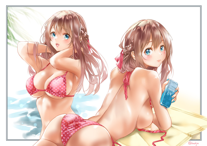 1girl :d aqua_nails ass bangs bare_shoulders beach_towel bikini blue_eyes blush bottle braid breasts brown_hair cleavage closed_mouth collarbone commentary_request eyebrows_visible_through_hair eyelashes french_braid frilled_bikini frills from_behind hair_between_eyes hair_tousle highres holding holding_bottle koji_(kojikojimdw) long_hair looking_at_viewer looking_back lotion lotion_bottle lying medium_breasts multiple_views nail_polish on_stomach open_mouth original polka_dot polka_dot_bikini red_bikini shoulder_blades side-tie_bikini sideboob sidelocks smile strap_gap string_bikini sunscreen swimsuit thighs towel underboob untied untied_bikini