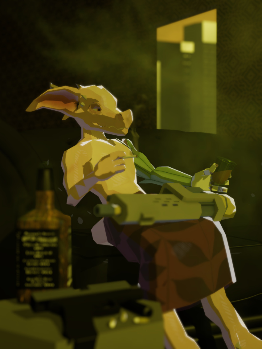 2020 3d_(artwork) animal_humanoid anthro cigarette clothed clothing cybernetic_arm digital_media_(artwork) drinking gavit gun handgun hi_res humanoid kobold kobold_dellarte lowpoly male prosthetic prosthetic_arm prosthetic_limb ranged_weapon reptile reptile_humanoid scalie scalie_humanoid smoking solo tall_image weapon