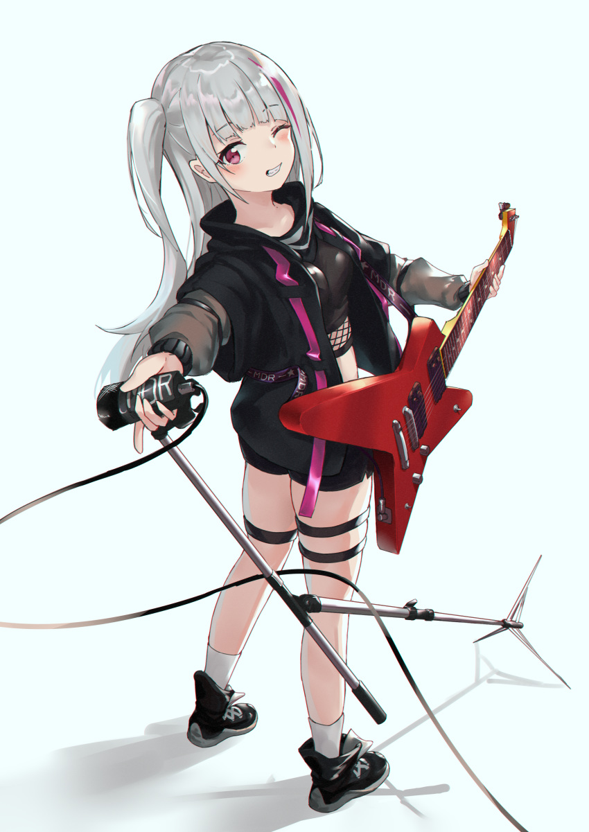 0shino 1girl absurdres ass black_footwear black_jacket black_shirt black_shorts breasts crop_top electric_guitar fishnets from_behind full_body girls_frontline grey_hair grin guitar highres holding holding_instrument instrument jacket long_hair long_sleeves looking_at_viewer looking_back mdr_(girls_frontline) microphone microphone_stand midriff multicolored_hair one_eye_closed one_side_up open_clothes open_jacket red_eyes shadow shirt shoes short_over_long_sleeves short_shorts short_sleeves shorts simple_background skindentation small_breasts smile socks solo standing streaked_hair thigh_strap thighs white_background white_legwear