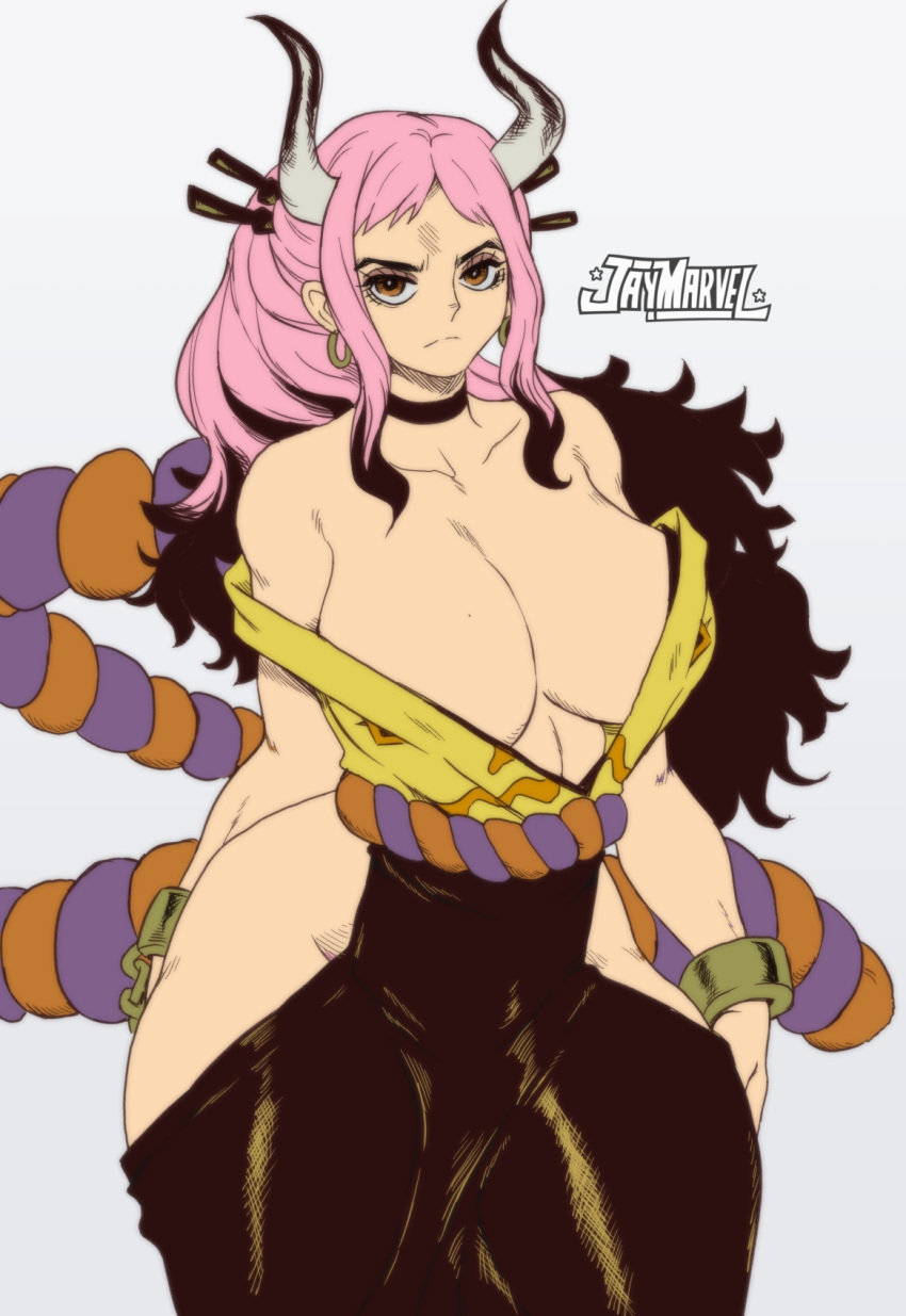 1girl arm_at_side arm_behind_back artist_logo artist_name bare_arms bare_shoulders black_hair breasts brown_eyes choker closed_mouth collarbone curvy earrings highres hoop_earrings horns huge_breasts japanese_clothes jay_marvel jewelry long_hair looking_at_viewer multicolored_hair no_bra off_shoulder one_piece pants pink_hair rope shimenawa sidelocks sleeveless solo stomach two-tone_hair yamato_(one_piece)