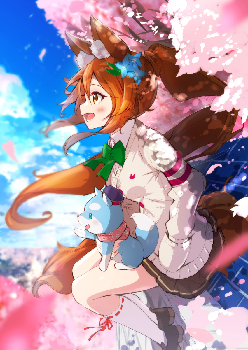 1girl absurdres animal_ears animal_on_lap bangs black_footwear blue_sky blurry blurry_background blush bow bowtie breasts brown_hair brown_skirt cloud cloudy_sky commentary_request falling_petals fang flower fox_ears fox_tail fuku_kitsune_(fuku_fox) green_bow green_neckwear hair_between_eyes hair_flower hair_ornament hand_in_pocket highres kneehighs korin_(shironeko_project) long_hair medium_breasts open_mouth outdoors petals pink_flower ponytail shironeko_project shoes skirt sky smile tail white_legwear