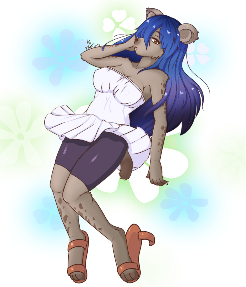 anthro blue_hair breasts clothed clothing crimvael dress elza_(ishuzoku_reviewers) female footwear fur hair hi_res hyaenid ishuzoku_reviewers looking_at_viewer mammal nennachan nipple_outline signature solo tan_body tan_fur white_clothing white_dress