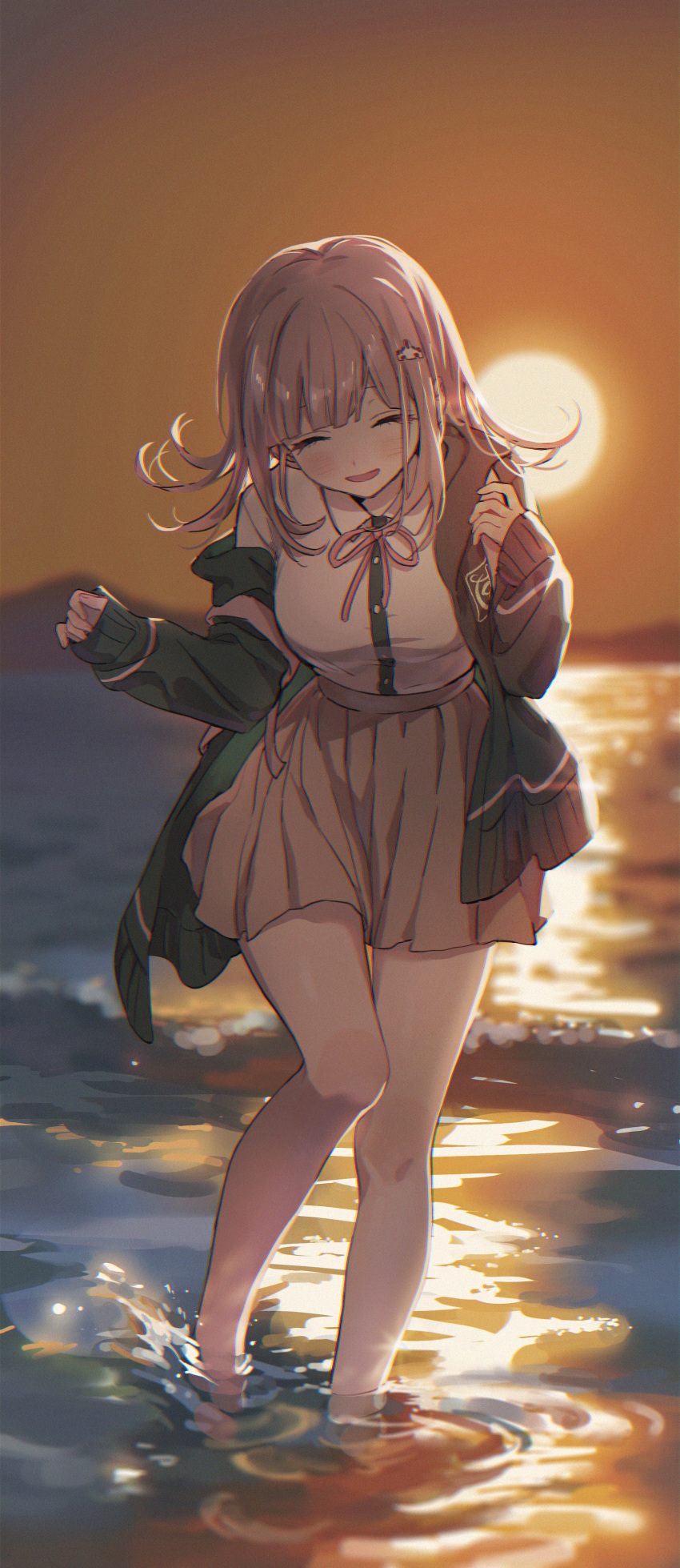 1girl absurdres bangs bare_legs black_jacket blurry blurry_background blush breasts brown_hair brown_skirt closed_eyes danganronpa eyebrows_visible_through_hair flipped_hair hair_ornament hairclip highres hood hooded_jacket io_(sinking=carousel) jacket large_breasts long_hair long_sleeves nanami_chiaki neck_ribbon ocean off-shoulder_jacket open_clothes open_jacket pink_neckwear pink_ribbon pleated_skirt ribbon shirt skirt sleeves_past_wrists smile solo sun sunset super_danganronpa_2 wading water white_shirt