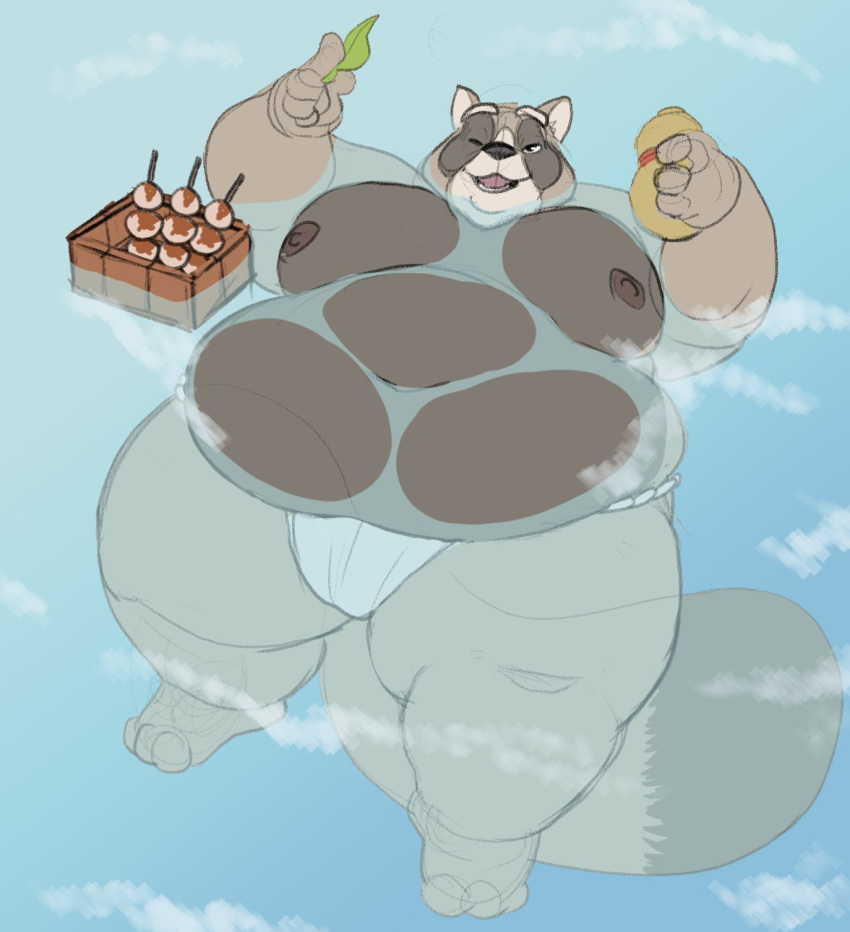 2020 anthro asian_clothing bathing belly bulge canid canine captainjusticevirtsuoso clothing east_asian_clothing food fundoshi hi_res humanoid_hands japanese_clothing justicecaptainv leaf male mammal moobs nipples obese obese_anthro obese_male one_eye_closed overweight overweight_male raccoon_dog solo tanuki underwear water wink
