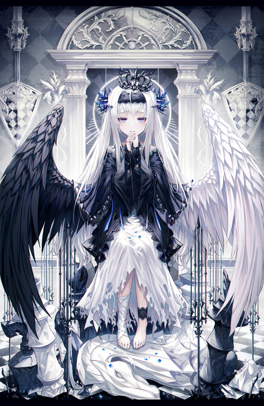 1girl absurdres asymmetrical_wings bandages barefoot blue_eyes checkered checkered_floor checkered_wall dress feathered_wings frills highres huge_filesize long_hair looking_at_viewer nail_polish okazu_(eightstudio) original own_hands_together sitting solo torn_clothes very_long_hair white_hair wide_sleeves wings