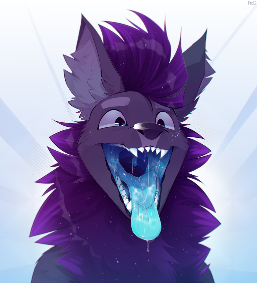 anthro blue_eyes bodily_fluids canid canine canis fluffy fur headshot hi_res male male_pred mammal mouth_shot open_mouth pinedx purple_body purple_fur razz_(shinyumbra) saliva solo tagme teeth throat tongue uvula vore wolf