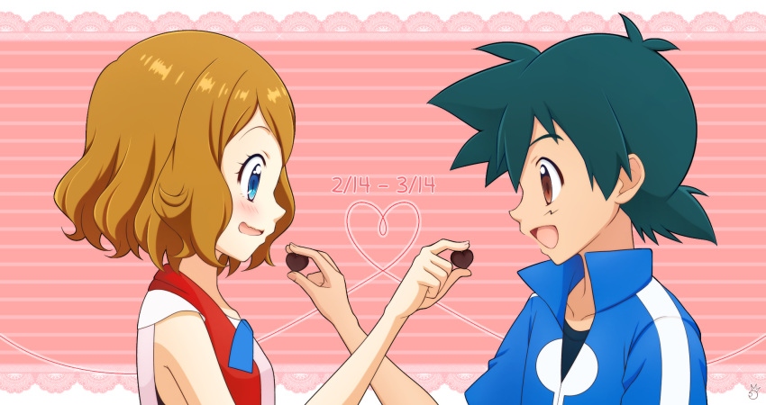 1boy 1girl :d bangs black_hair black_vest blue_eyes blue_jacket blue_ribbon blush brown_eyes brown_hair collarbone commentary_request eyelashes feeding food heart highres holding holding_food jacket kouzuki_(reshika213) open_mouth pokemon pokemon_(anime) pokemon_xy_(anime) ribbon satoshi_(pokemon) serena_(pokemon) shiny shiny_hair short_hair sleeveless sleeveless_duster smile tongue upper_body vest white_day